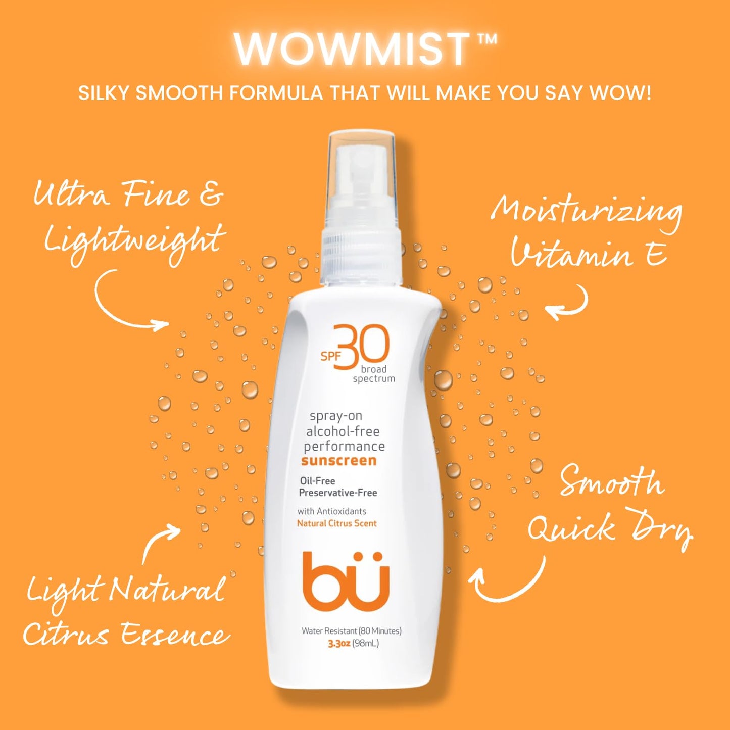 BU SPF 30 Sunscreen Spray for Face and Body, Non Aerosol Spray, Clear WOWmist, TSA Travel Size Sunblock, Oil Free and Water Resistant for Sensitive Skin, Natural Citrus 3.3 oz