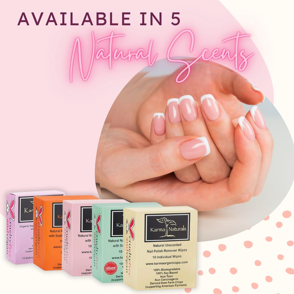 Karma Organic Natural Nail Polish Remover Wipes with Soybean and Rose Oil, 100% Soy Based, Non-Toxic, Vegan, Cruelty-Free – Pack of 10