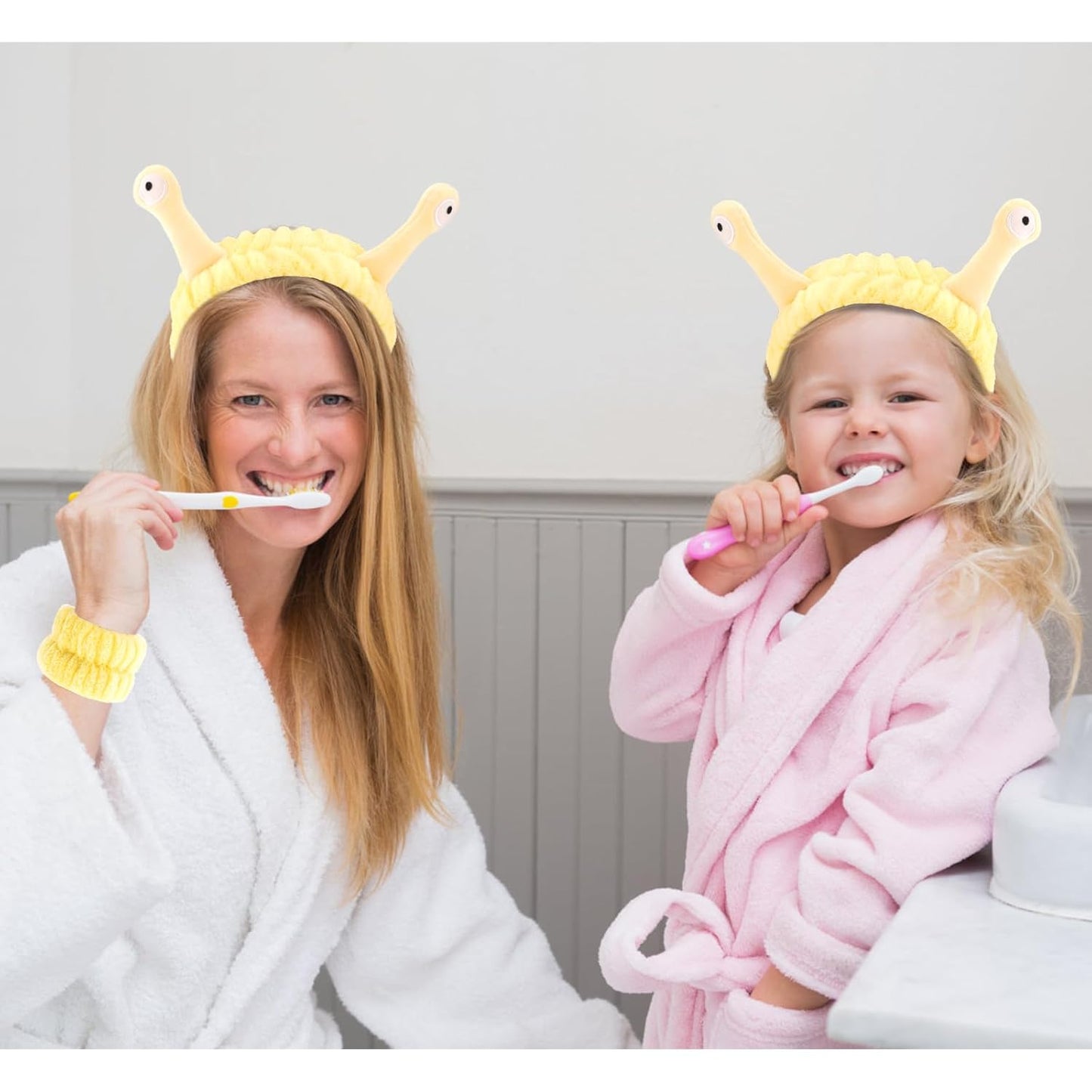 VELSCRUN Spa Headband, Makeup Face Wash Skincare Headbands, 5 Pcs Sponge Get Ready Snail Hairband Facial Wristband Hair Clip Set, Stuff for Teen Girls Women Trendy Hair Accessories Yellow