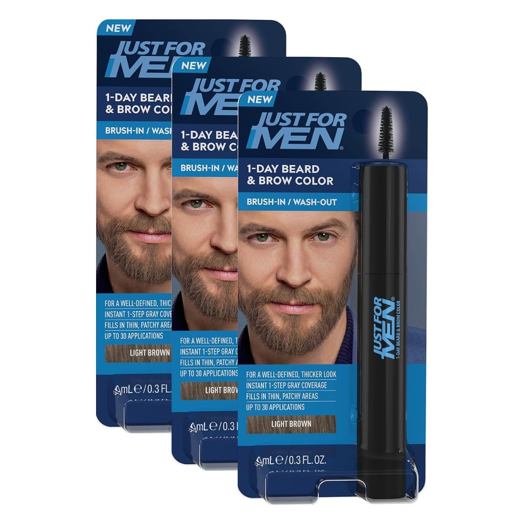Just for Men 1-Day Beard & Brow Color, Temporary Color for Beard and Eyebrows, For a Fuller, Well-Defined Look, Up to 30 Applications, Light Brown, Ships in Eco-Friendly Packaging (Pack of 3)