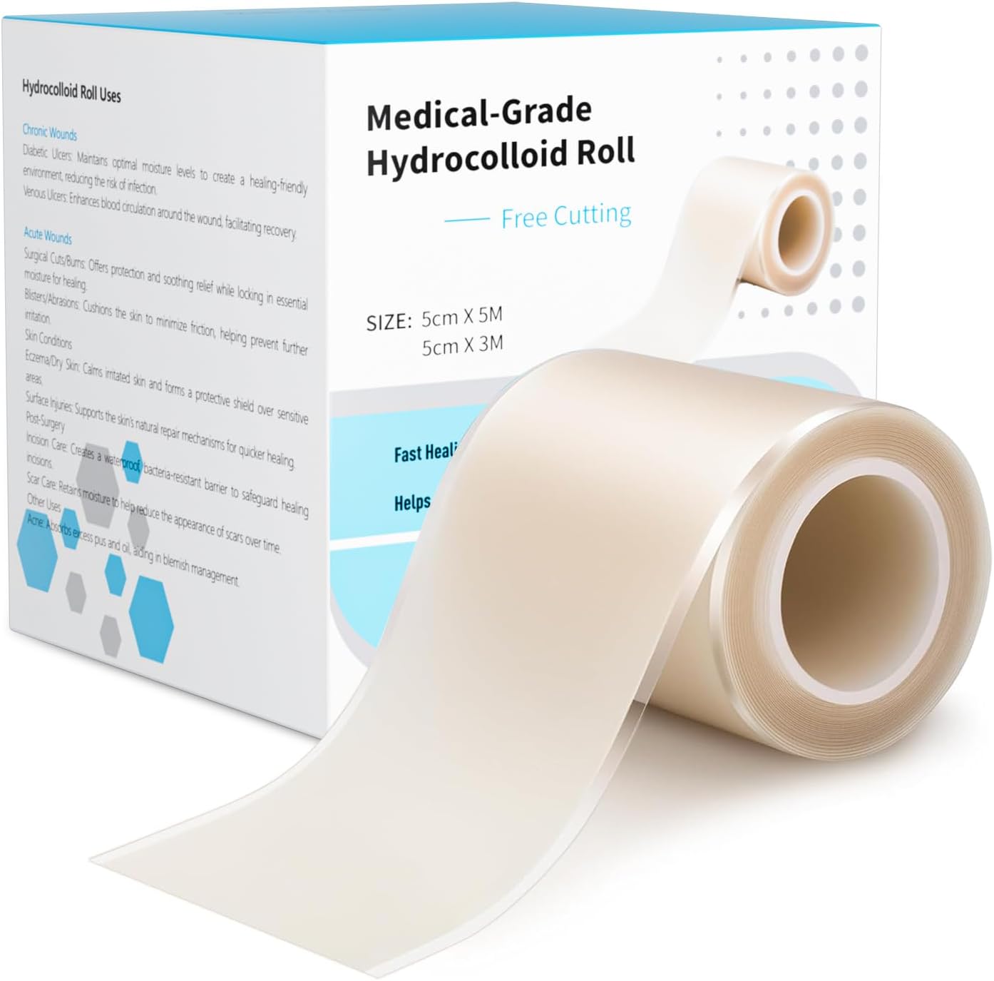 Hydrocolloid Roll for Wound Care Edge-Peel with Edges,(2in*10ft) Cut-to-Size Extra Large Hydrocolloid Patch Bandages with Self-Adhesive, Ultra Absorbent, Flexible Waterproof, First Aid Kit Essential