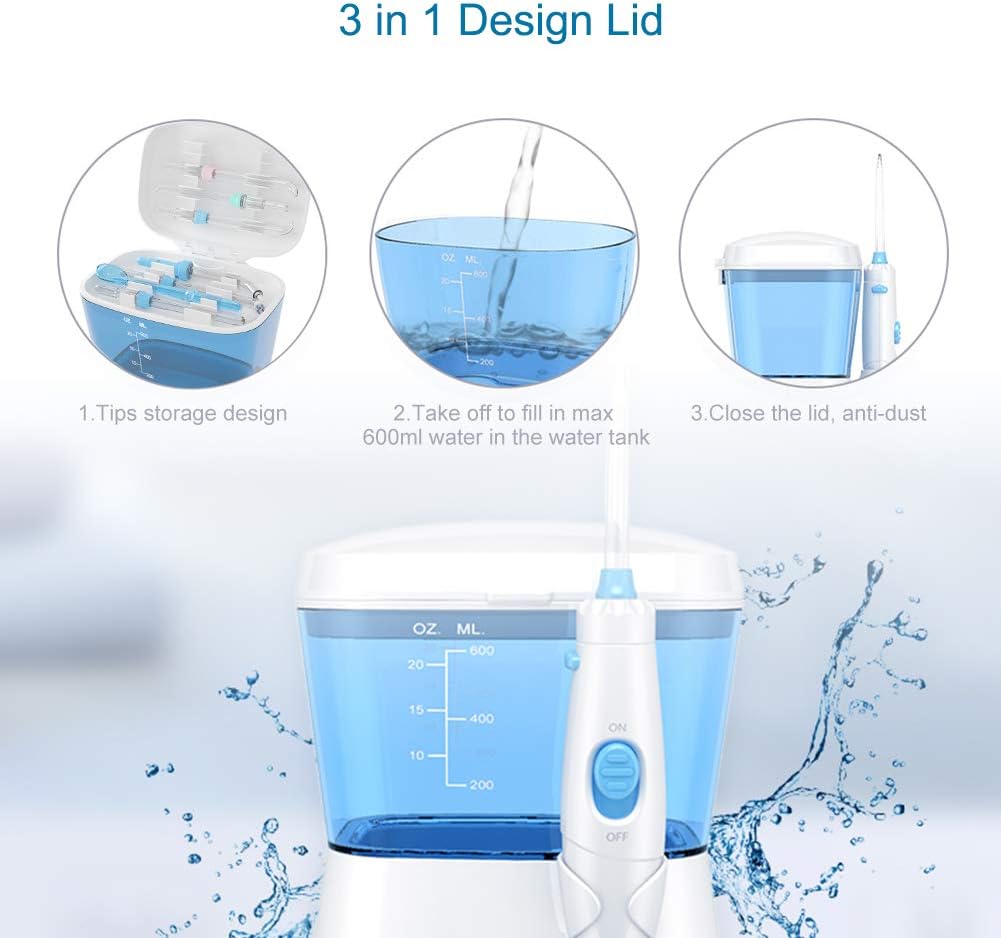 TUREWELL Water Flossing Oral Irrigator, 600ML Dental Cleaner 10 Adjustable Pressure, Electric Oral Flosser for Teeth/Braces, 8 Replacement Jet Tips for Family (White)