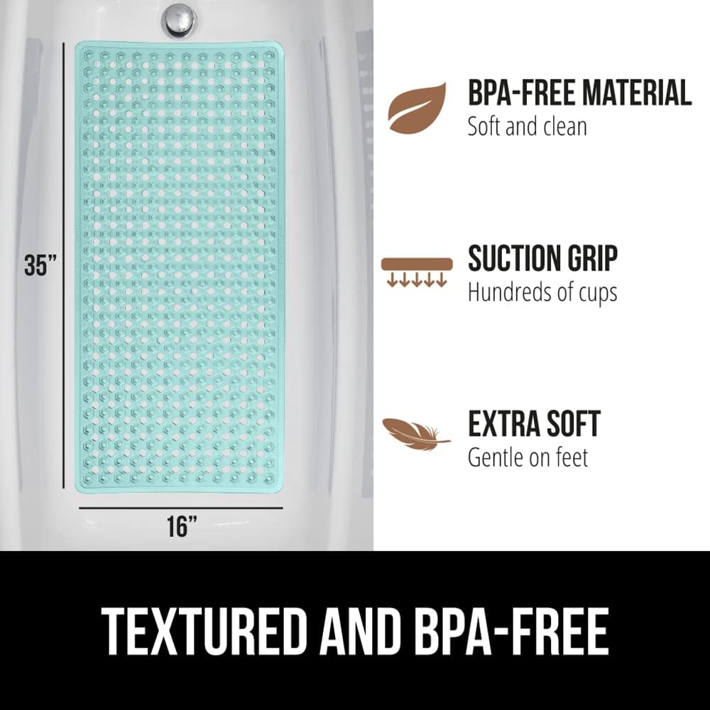 GORILLA GRIP Patented Bath Tub Shower Mat, Machine Washable Bathtub Floor Liner Mats, Suction Cups and Drain Holes to Keep Tubs Clean, Soft on Feet, Bathroom Essentials, 35x16 Inch, Clear Green