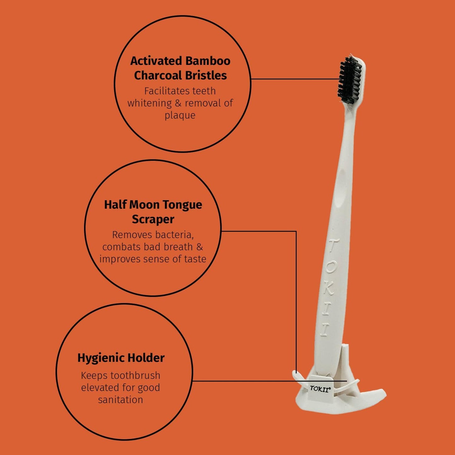 TOKII Tongue Scraper Cleaner Charcoal Bristles Toothbrush for Bad Breath with Waterproof Pouch for Travel, Hygienic Stand and Enviromentally Friendly (Black, Pack of 1)