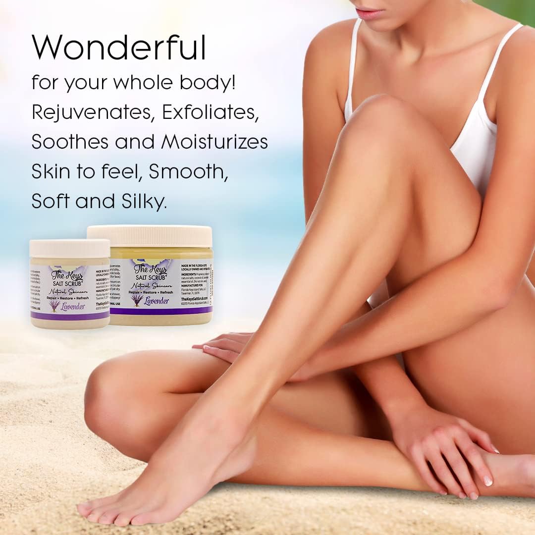 The Keys Salt Scrub -Sea Salt Scrub - Exfoliating Body Scrub with Wooden Spoon - Moisturizing Exfoliator for Hands, Foot, Bath, (12 Ounce (Pack of 1), Lavender)