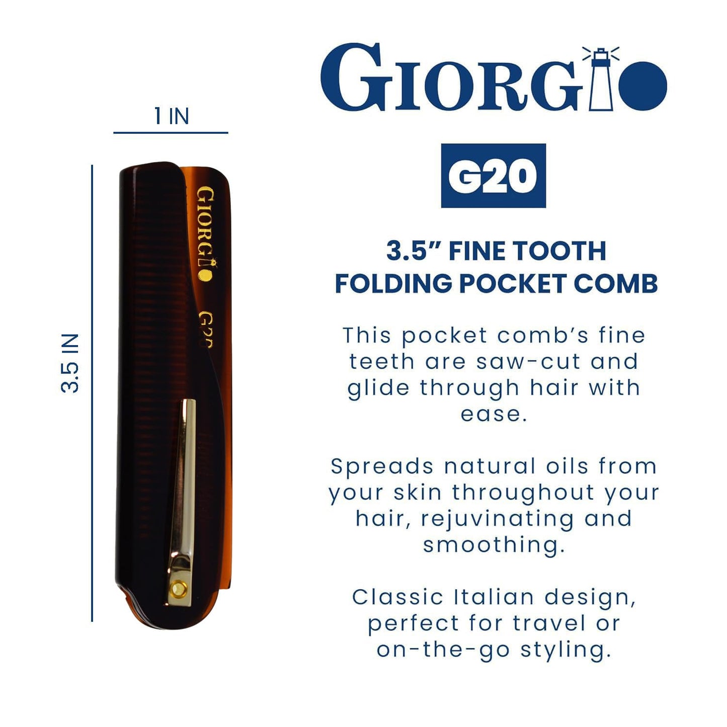 Giorgio G20 Folding Mustache and Beard Comb 6.5 Inch - Fine Tooth Travel Comb for Everyday Styling and Hair Care - Handcrafted Sawcut and Hand Polished (TortoiseShell)