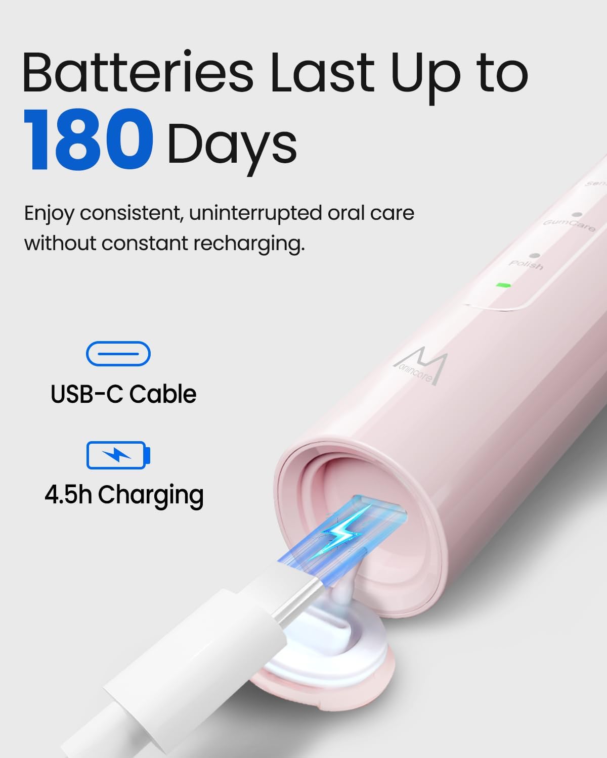 Electric Toothbrush for Adults, Rechargeable Sonic Travel Toothbrush Teens with 4 Brush Heads-180 Days Battery Life, 55000VPM, 5 Modes Smart Timer& Travel Case, Pink