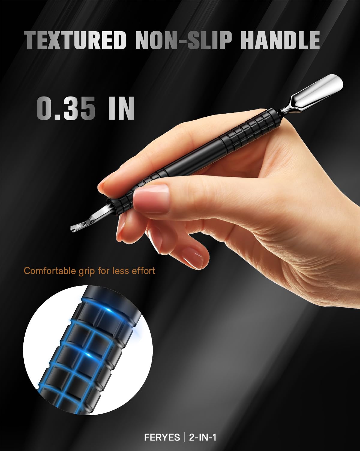 FERYES Cuticle Pusher with Fork, 2-in-1 Cuticle Remover Tool, Upgraded Stainless Steel Cuticle Trimmer Nail Care Tool for Manicures- Black(5.8 Inches)