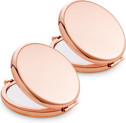 Compact Mirror, Pocket Travel Makeup Mirror for Purse, Metal Round Shell, 2-Sided 1X/2X Magnifying, Portable, Folding, Handheld, Rose Gold, 2 Pack