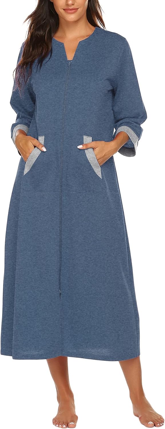 Ekouaer Women Zipper Robe 3/4 Sleeves Loungewear Dress Full Length Sleepwear Pockets Housecoat Nightgown Long Bathrobe