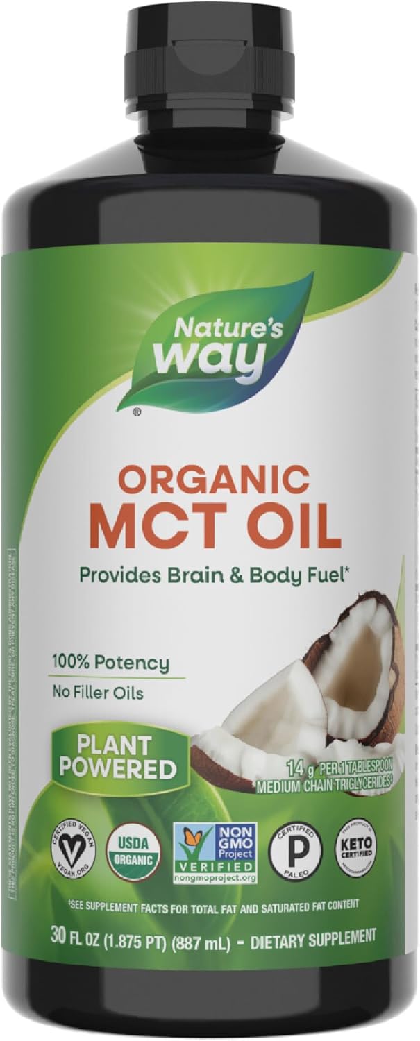 Nature's Way Organic MCT Oil, 30 Fl Oz, Brain and Body Fuel from Coconuts*, C8 Caprylic Acid and C10 Capric Acid, Keto and Paleo Certified, Organic, Non-GMO Project Verified