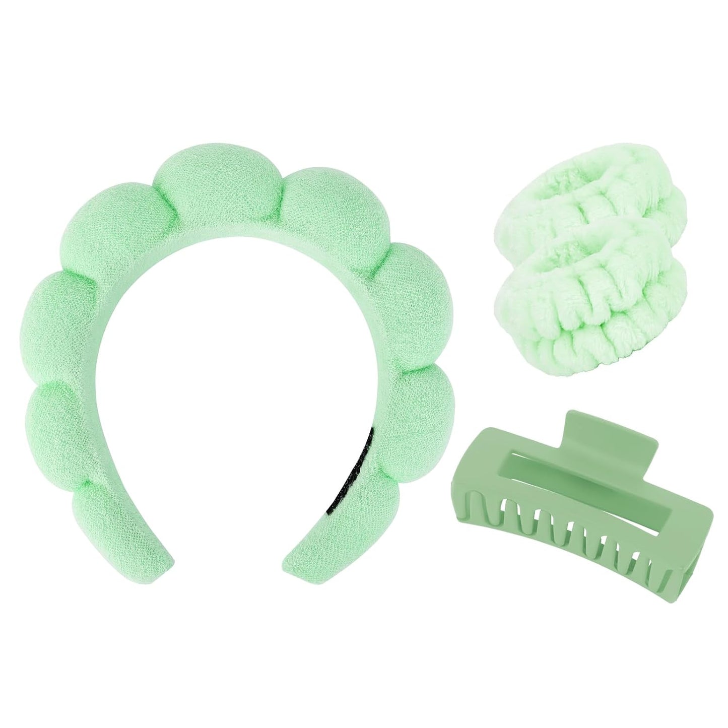 Wecoe Spa Headband And Wristband Set Skincare Headband For Washing Face Hair Claw Clips For Thick Hair Cute Green Puffy Sponge Makeup Bubble Head Band Wrist Towels Scrunchies For Women Girls