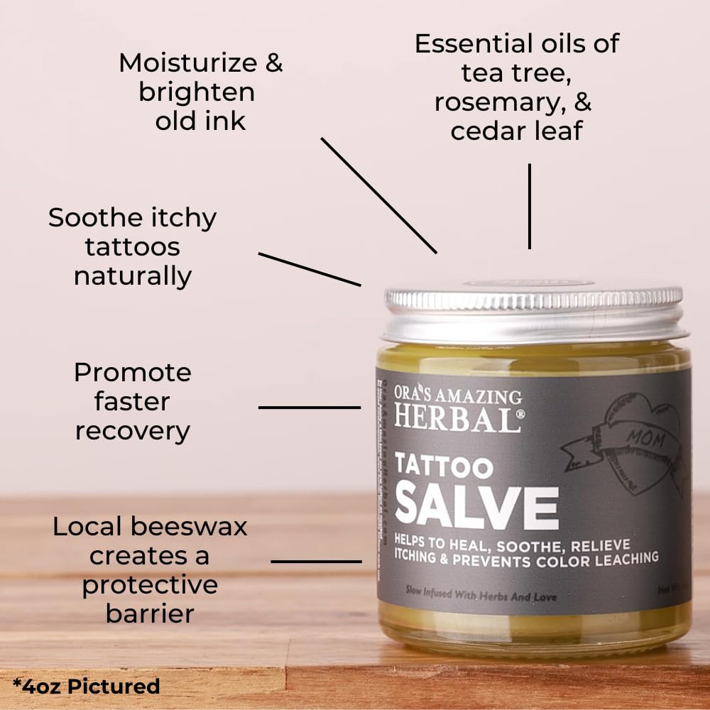 Ora's Amazing Herbal Tattoo Salve, Tattoo Aftercare Balm Cream Healing Ointment, Tattoo Care Brightener, USA Made, 4 oz