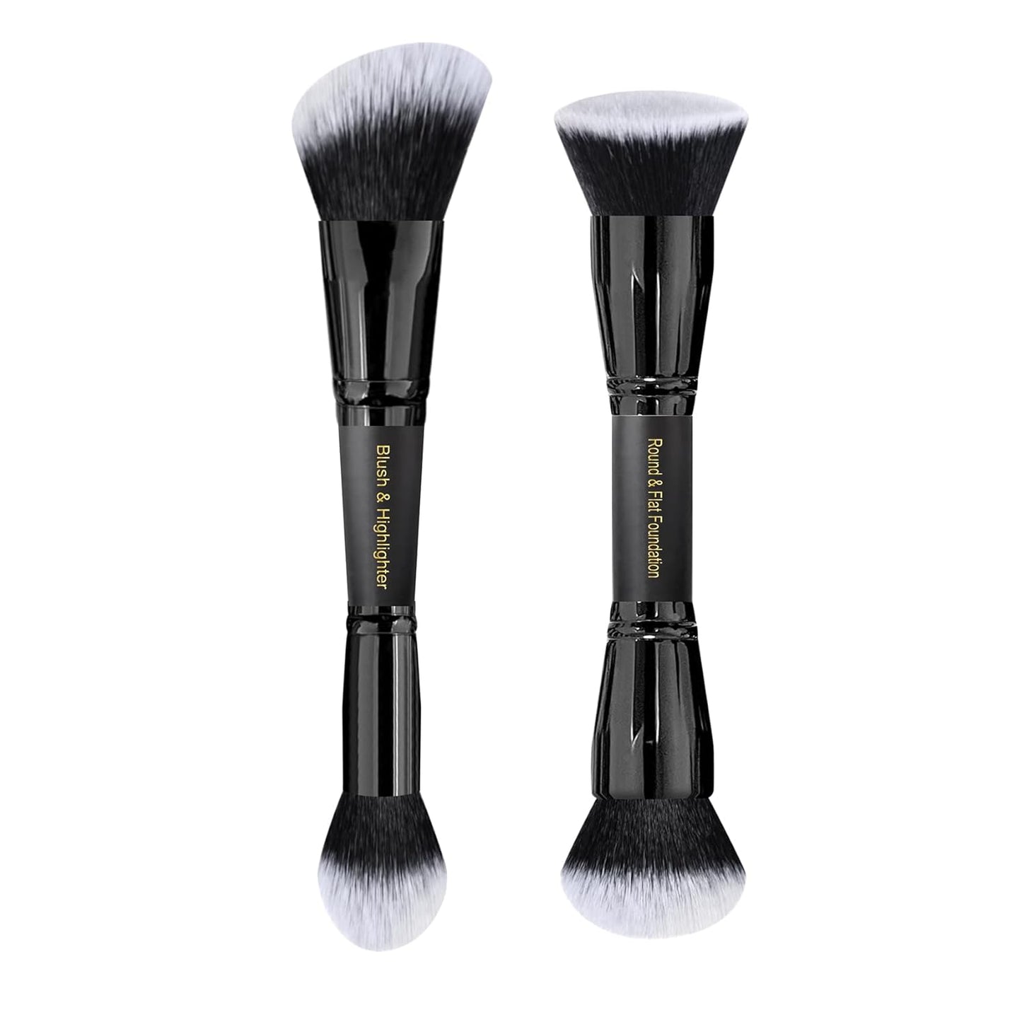 LORYP Black Makeup Brushes 2Pcs Duo End Foundation Powder Brush Set, Blush & Highlighter Brush and Round & Flat Foundation Brush