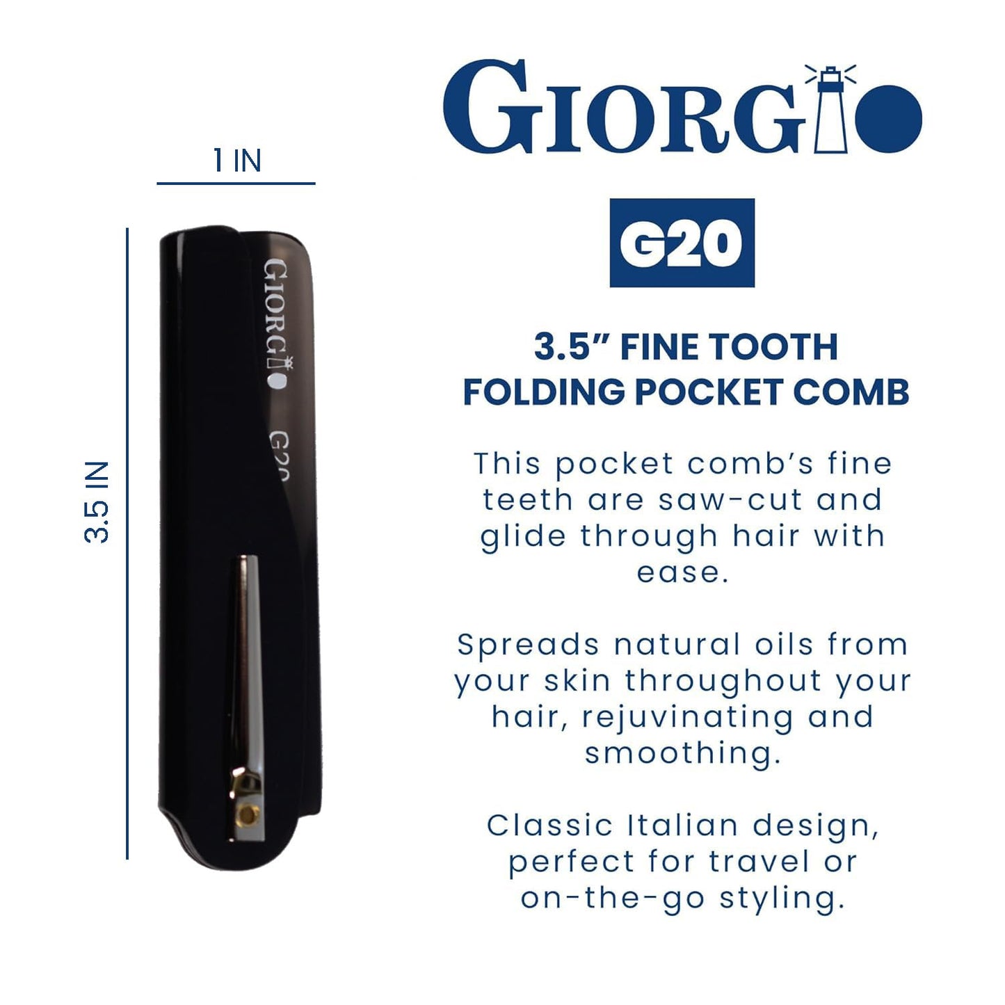 Giorgio G20 Fine Tooth Folding Mustache and Beard Comb - Small Pocket Comb for Everyday Hair Care and Styling - Sawcut and Hand Polished (Black Graphite)