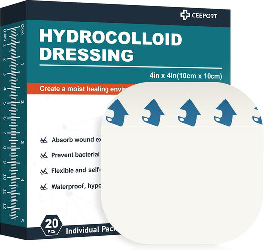 20 Pack Hydrocolloid Wound Dressing, 4" x 4" Ultra Thin Hydrocolloid Bandages with Self-Adhesive, Waterproof Hydrocolloid Patch for Bed Sore, Mild Burn, Blister, Acne Care