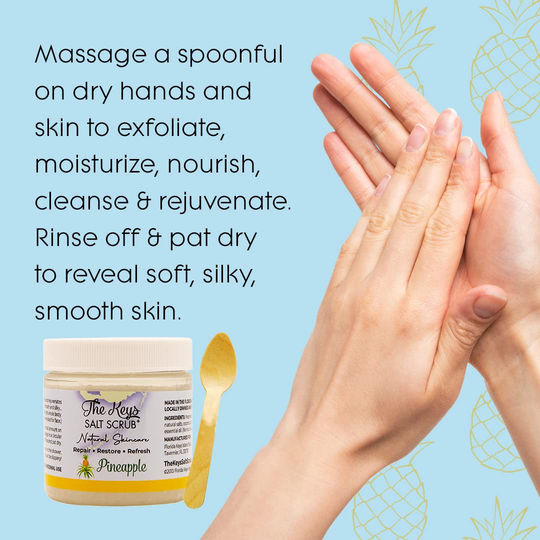 The Keys Salt Scrub -Sea Salt Scrub - Exfoliating Body Scrub with Wooden Spoon - Moisturizing Exfoliator for Hands, Foot, Bath, (3.4 Ounce (Pack of 1), Pineapple)