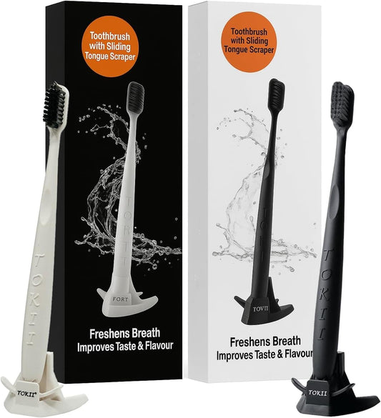 TOKII Tongue Scraper Cleaner Charcoal Bristles Toothbrush for Bad Breath with Waterproof Pouch for Travel, Hygienic Stand and Enviromentally Friendly (One Black & One White)