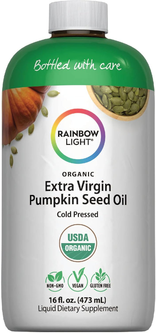 Rainbow Light Organic Extra Virgin Pumpkin Seed Oil | Cold Pressed Liquid Extract | Potent Source of Omega 6 and 9 Fatty Acids | Non-GMO and Gluten Free Supplement | 16 Fl Oz