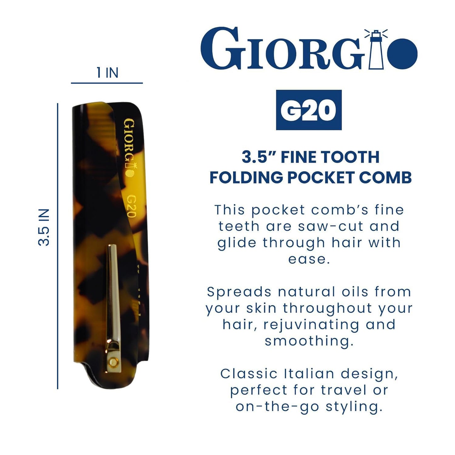 Giorgio G20 Folding Mustache and Beard Comb 6.5 Inch - Fine Tooth Travel Comb for Everyday Styling and Hair Care - Handcrafted Sawcut and Hand Polished