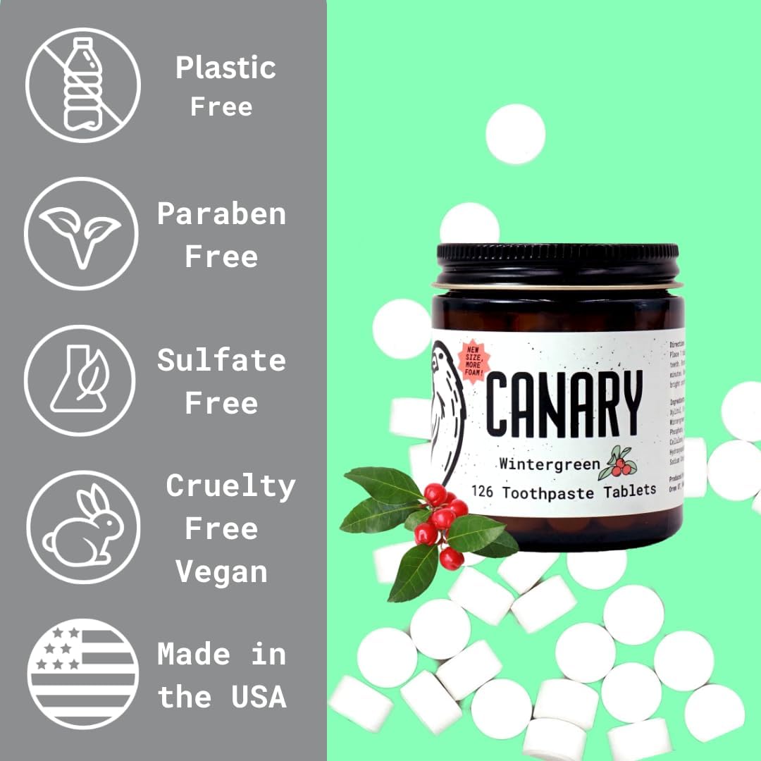 Canary Nano Hydroxyapatite Toothpaste Tablets Wintergreen - Remineralizing, Fluoride Free, All Natural Tabs with Xylitol - Great for Travel, Plastic Free - 240 Count