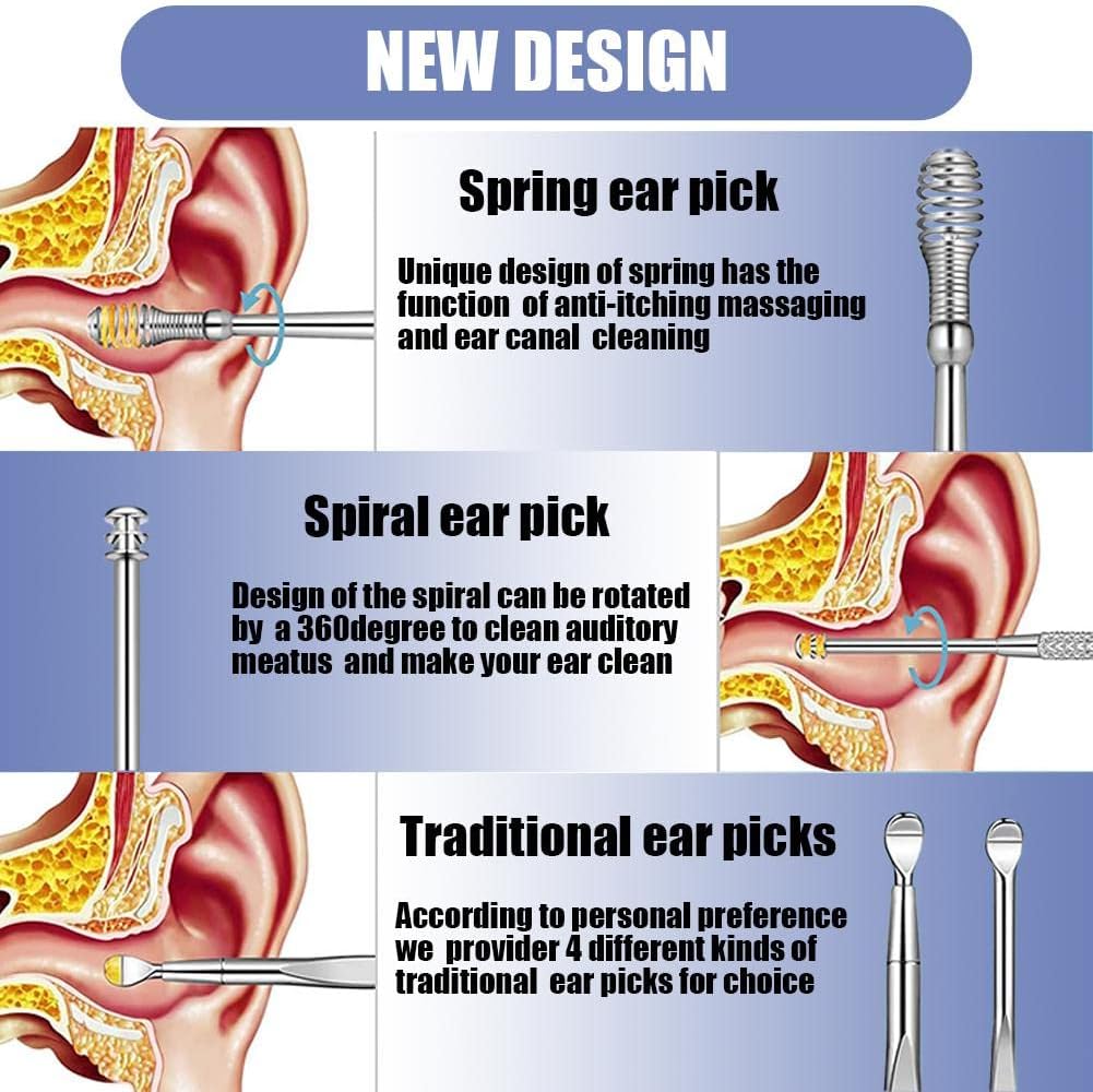 6 Pcs Ear Pick Ear Wax Removal Kit, Ear Cleansing Tool Set, Ear Curette Cleaner, 360° Spiral Design Ear Canal Cleaner Stainless Steel, with a Storage Box Portable Kit for Home and Travel(Blue)
