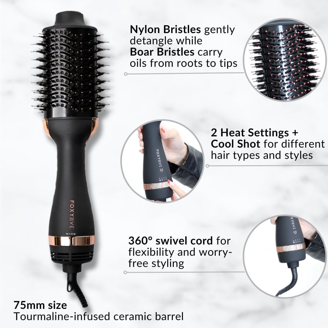 FoxyBae Blowout Hot Air Brush - 75mm Hair Dryer, Curler, Volumizer & Straightener - Ceramic Tourmaline Ionic Technology with Dual Bristles (Black Rose-Gold)