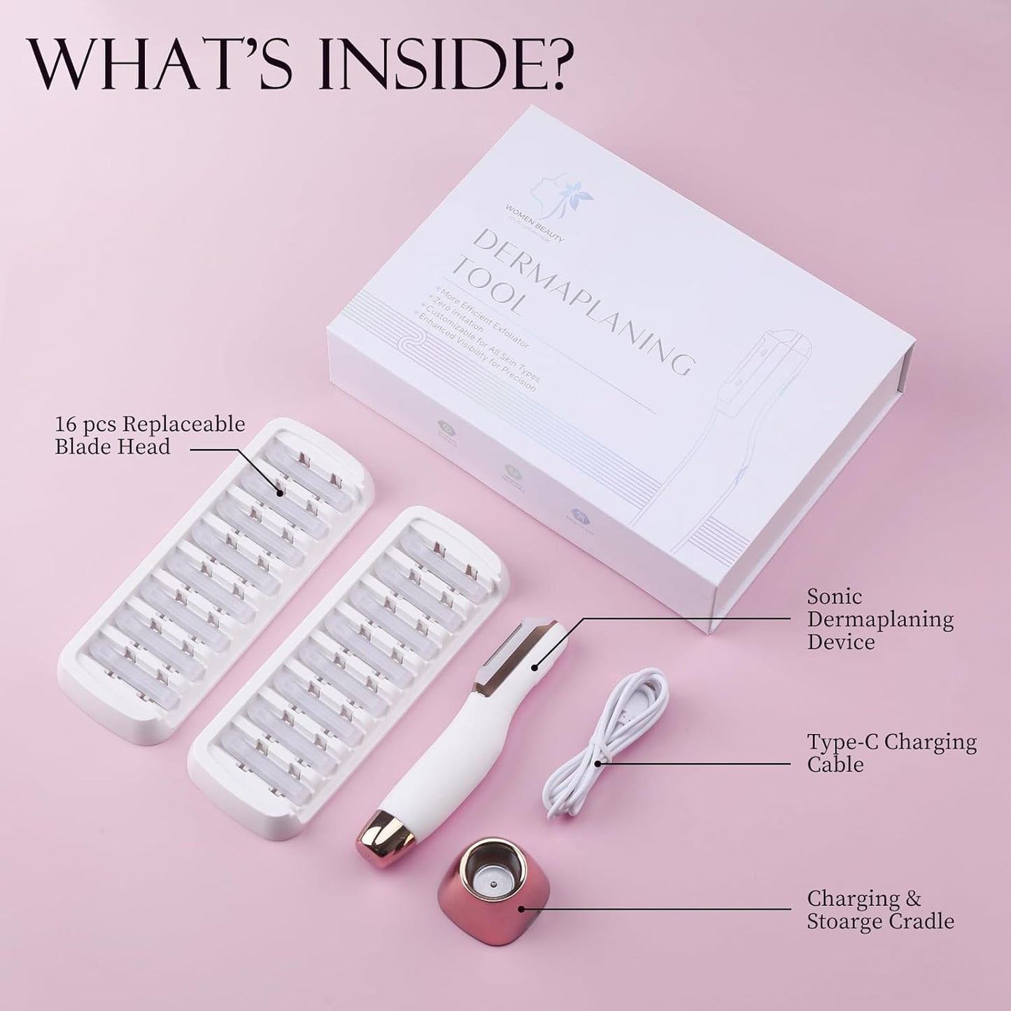 Sonic Dermaplane Razor for Women Face, Dermaplaning Tool for Face, Facial Hair Removal for Women, Sonic Edge Technology, Peach Fuzz with 16 Replaceable Blades(White)