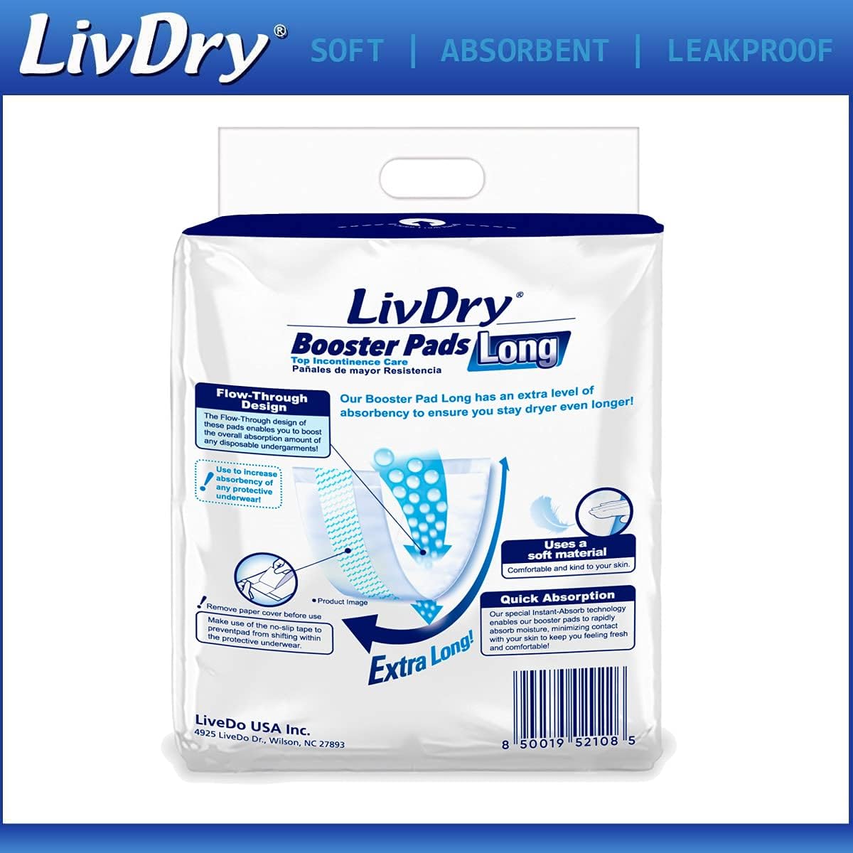 LivDry Incontinence Booster Pads, Use with Adult Diapers for Women and Men, Extra Comfort Softness, Disposable Pad (16 Count, Long Length)