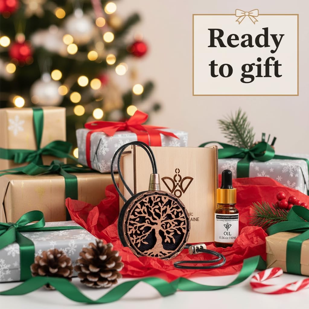 Wood Car Air Freshener — Handmade Car Air Freshener — Tree Of Life Designed Fragrance Oil Diffuser in Wooden Gift Box — Aromatherapy Gift Set with Coffee Beans Fragrance Oil - 10 ml