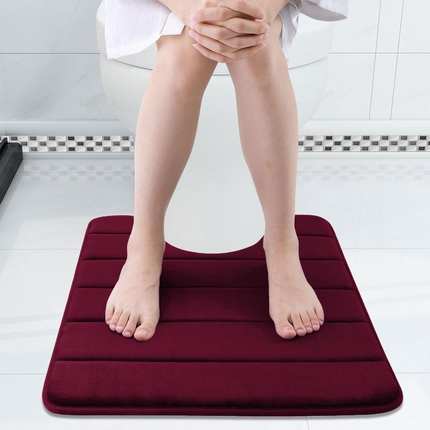 Buganda Memory Foam U-Shaped Contour Toilet Rugs, Non Slip Absorbent, Thick Soft Washable Bathroom Mat, Floor Carpet Bath Rugs Mat for Toilet Base (24" x 20", Burgundy)