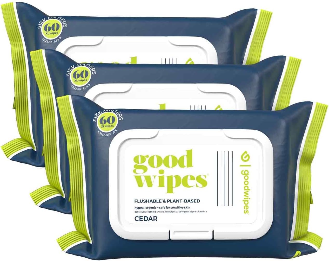 goodwipes Flushable Butt Wipes Made with Vitamin E & Aloe - Soft & Gentle Wet Wipe Dispenser for Home Use, Septic & Sewer Safe - Largest Adult Toilet Towelettes - Cedar, 180 Count (3 Packs)