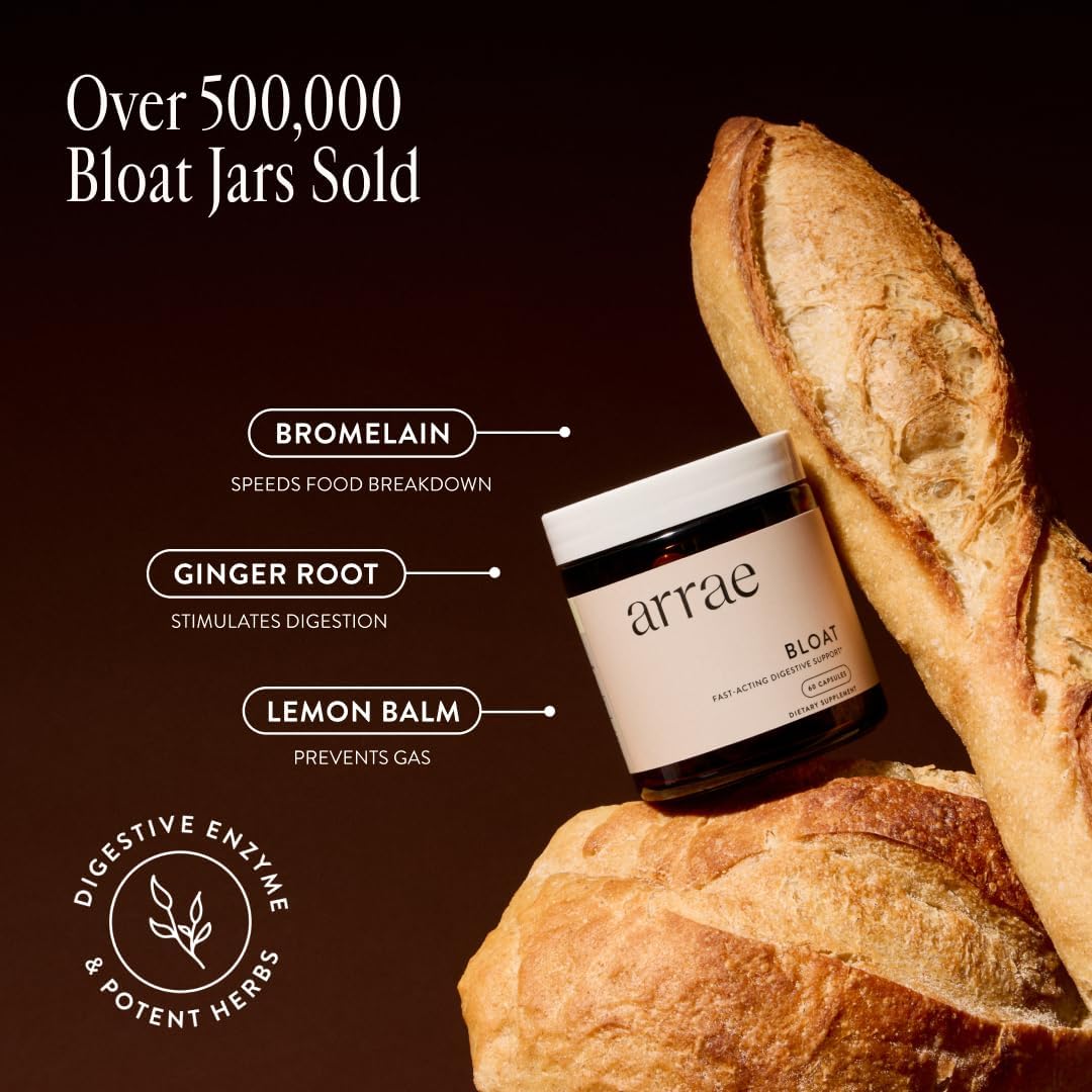 Arrae Fast-Acting Bloating Relief Digestive Enzymes, All Natural Bloat, Gas & Indigestion Relief Capsules (30 Count)