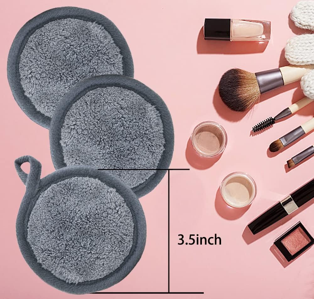 Reusable Makeup Remover Pads 16 Pack Microfiber Cleansing Facial Rounds Wipes Face, Eyes, Lips(3.5inch, grey)