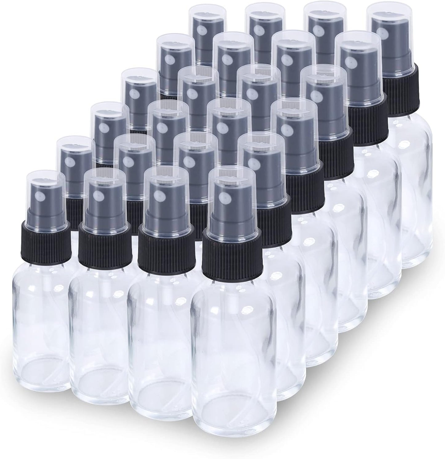 2oz Glass Spray Bottle, Fine Mist Boston Glass Bottles with Black Fine Mist Sprayer Small Clear Bottles for Essential Oils, Bath, Beauty, Hair & Cleaning, Clear, Pack of 48