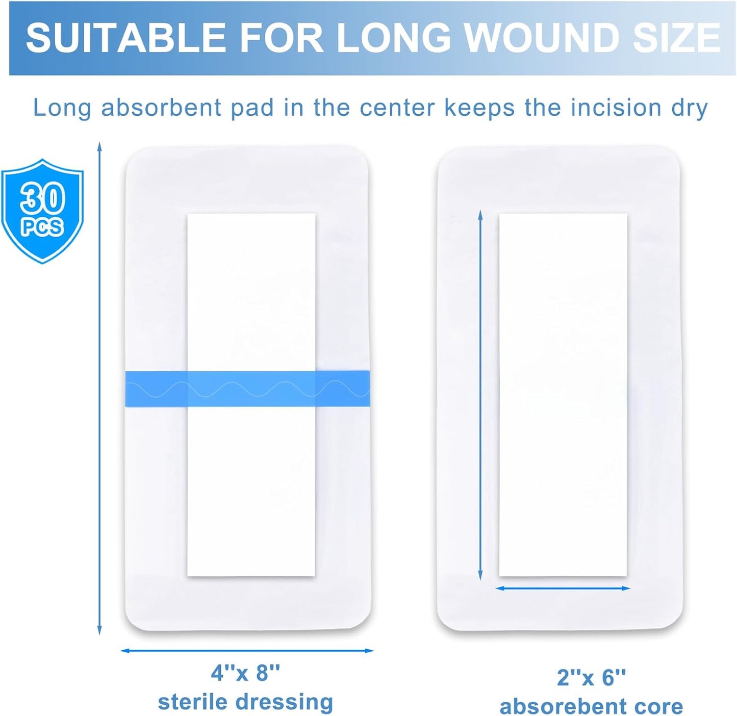 30 Pack 4"x 8" Waterproof Adhesive Island Dressing for Post-Surgery Recovery | Sterile Bordered Gauze Bandages with Non-Stick Pad for Knee/Hip Replacement, Surgical Incision Care & Shower Protection