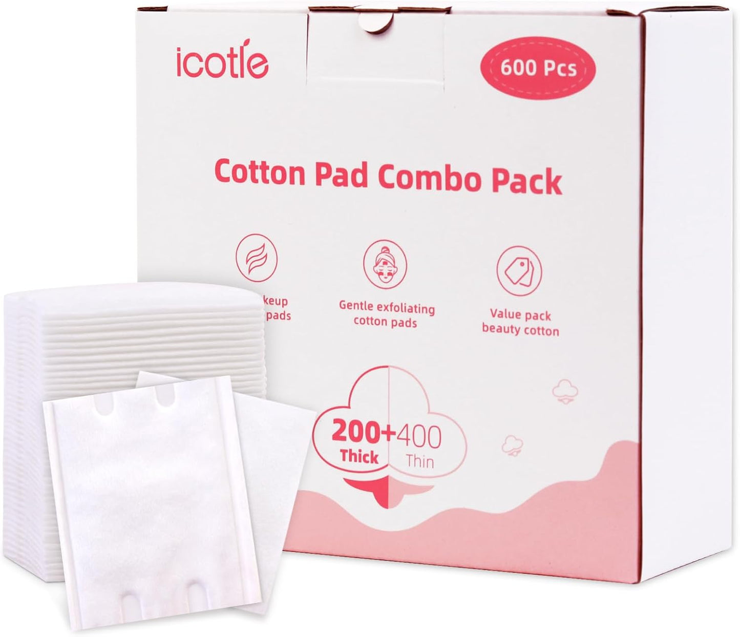 600 PCS Square Cotton Pads, Soft and Lint-Free, Includes 400 Ultra-Thin and 200 Thick Pads, Hypoallergenic Makeup Remover for Face, Eyes and Lips and Daily Skin Care