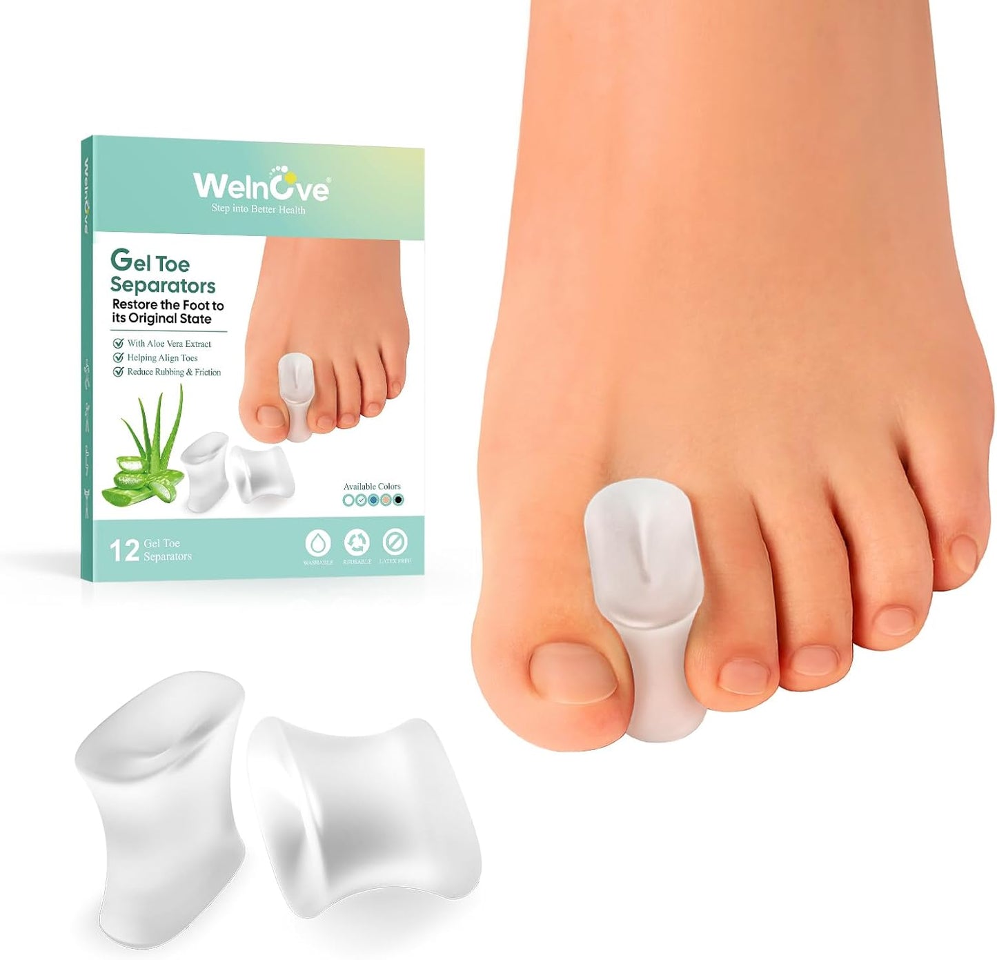 Welnove 12-Pack Gel Toe Separators – Bunion Pads – Toe Spacers for Straightening Overlapping Toes for Men and Women - Transparent