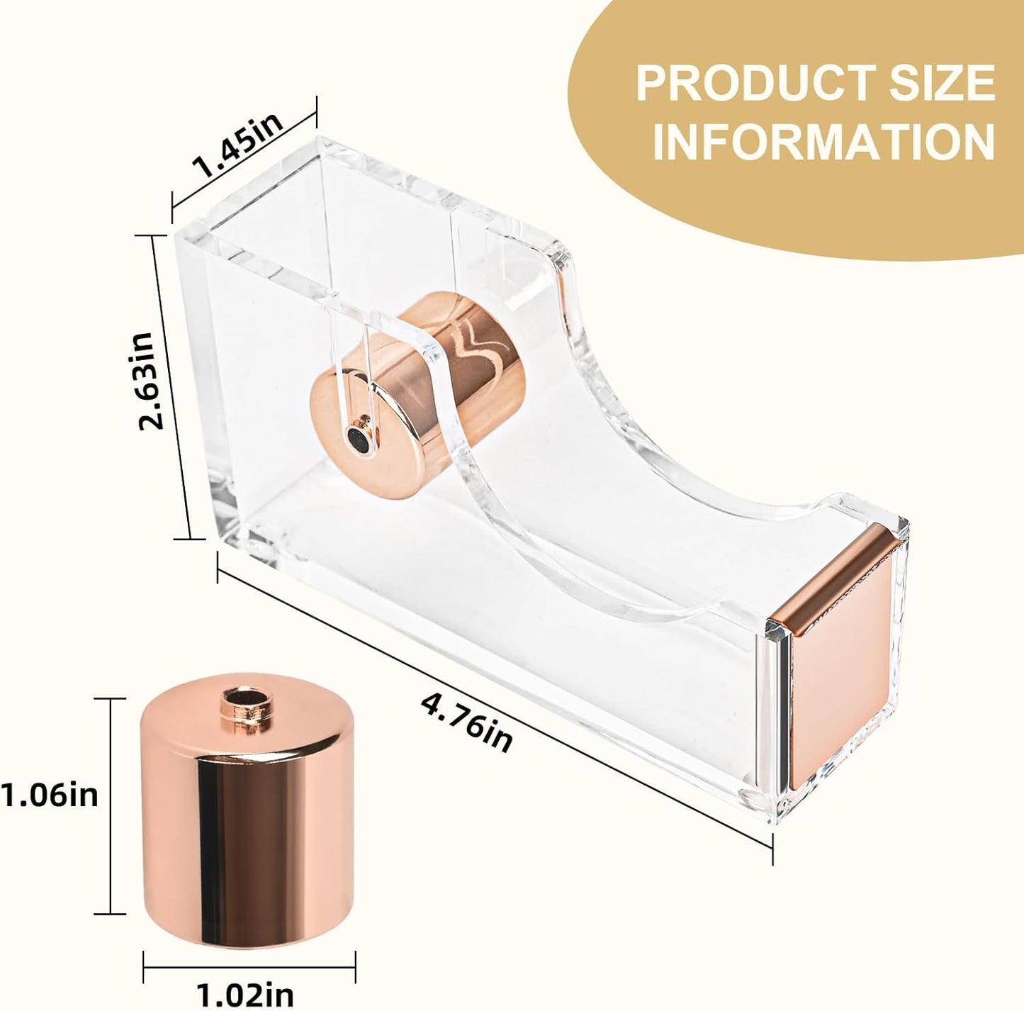 2-Piece Office Acrylic Tape Dispenser, Heavy Duty Adhensive Tape Cutter Holder with Non-Slip Bace, Single Hand Dispensing Clear Sticker Organizer Perfect for Desk, Office, School-Rose Gold