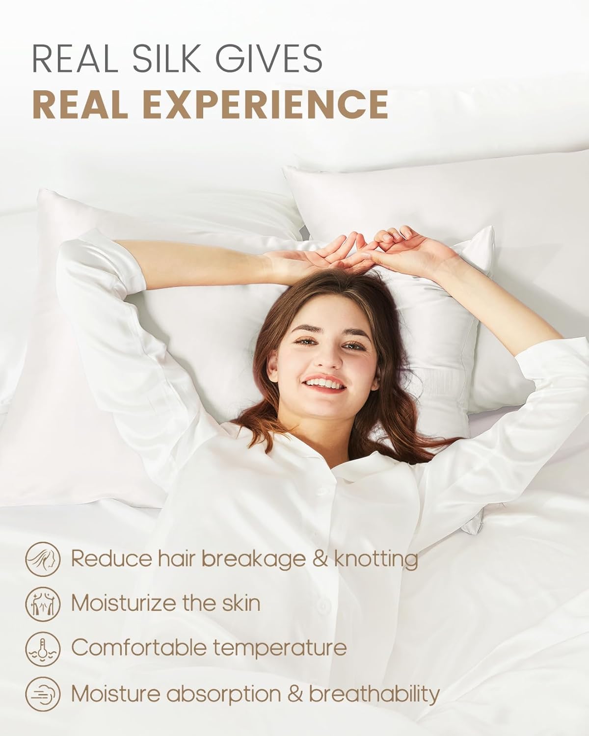 THXSILK 100% Pure Mulberry Silk Pillowcase for Hair and Skin, Highest 6A+ Grade Pure Silk Pillow Case Standard Size, Real Silk Pillowcase with Concealed Zipper(White, Standard)