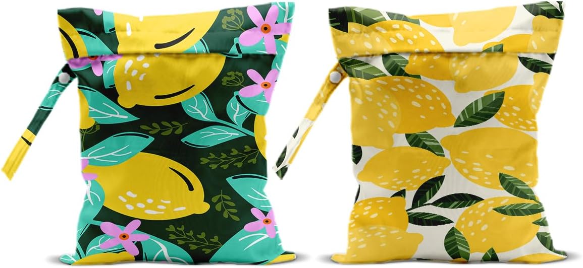 2Pcs Lemon Wet Bags 12x10 Inch, Flowers Waterproof Reusable Wet Dry Bags, Summer Washable Travel Laundry Bag for Swimsuit Beach Diapers Dirty Yoga Gym Clothes, Lemon Gifts for Women Friend Travelers