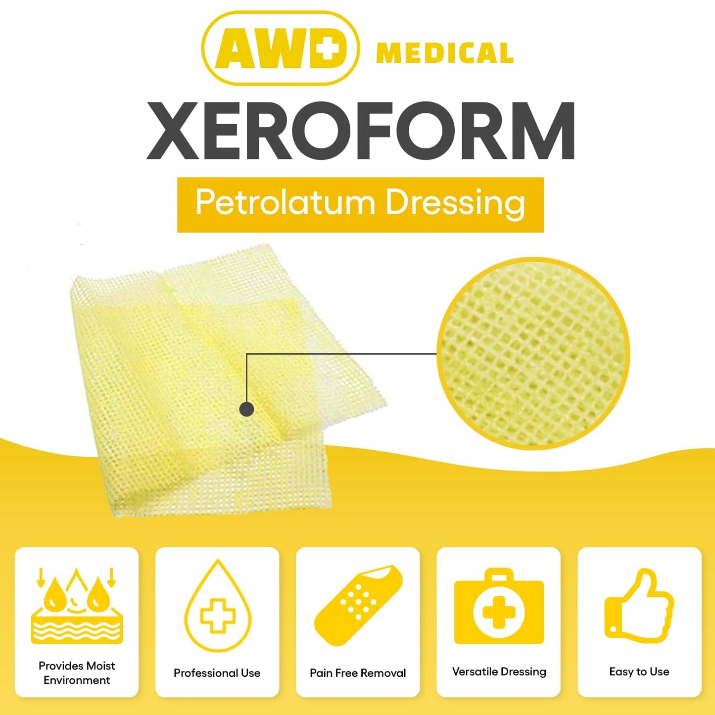 AWD Medical Xeroform Petrolatum Dressing - Non-Adhering Gauze Pad - Fine Mesh Gauze Patch Sterile - Healthcare Supplies for Wound Care, Burns, Lacerations, & Skin Grafts Aide (Box of 50) (1"x8")