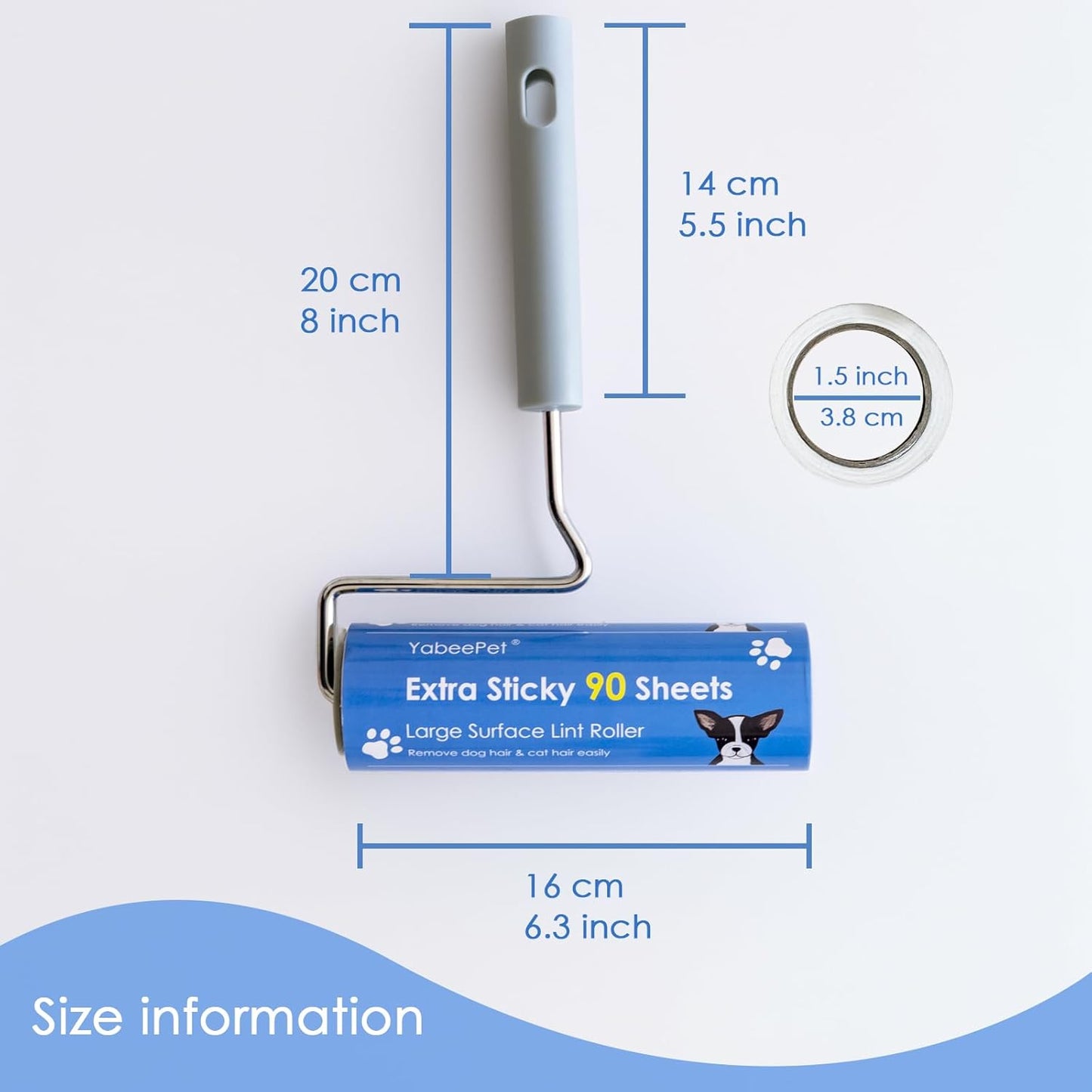 Extra Sticky Large Surface Lint Roller, 6.3'' Giant Lint Roller for Pet Hair, Lint Remover Roller for Cat Hair, Clothes, Furniture (1 Handle + 90 Sheets)