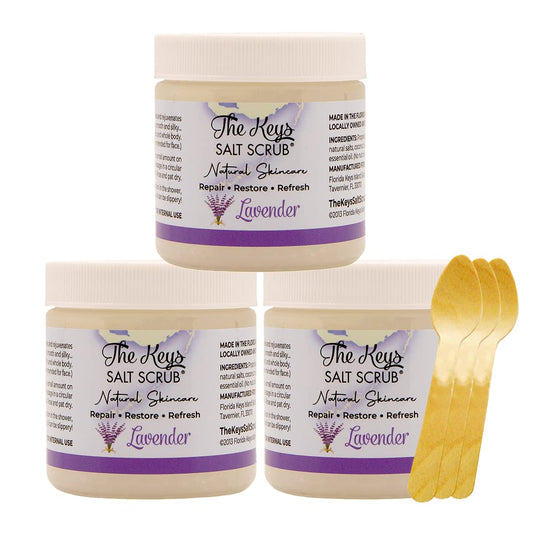The Keys Salt Scrub - Lavender Sea Salt Scrub - Exfoliating Body Scrub with Wooden Spoon - Moisturizing Exfoliator for Face, Hands, Foot, Bath, Manicure/Pedicure & Bikini Area Skin Care (3pcs, 3.4oz)