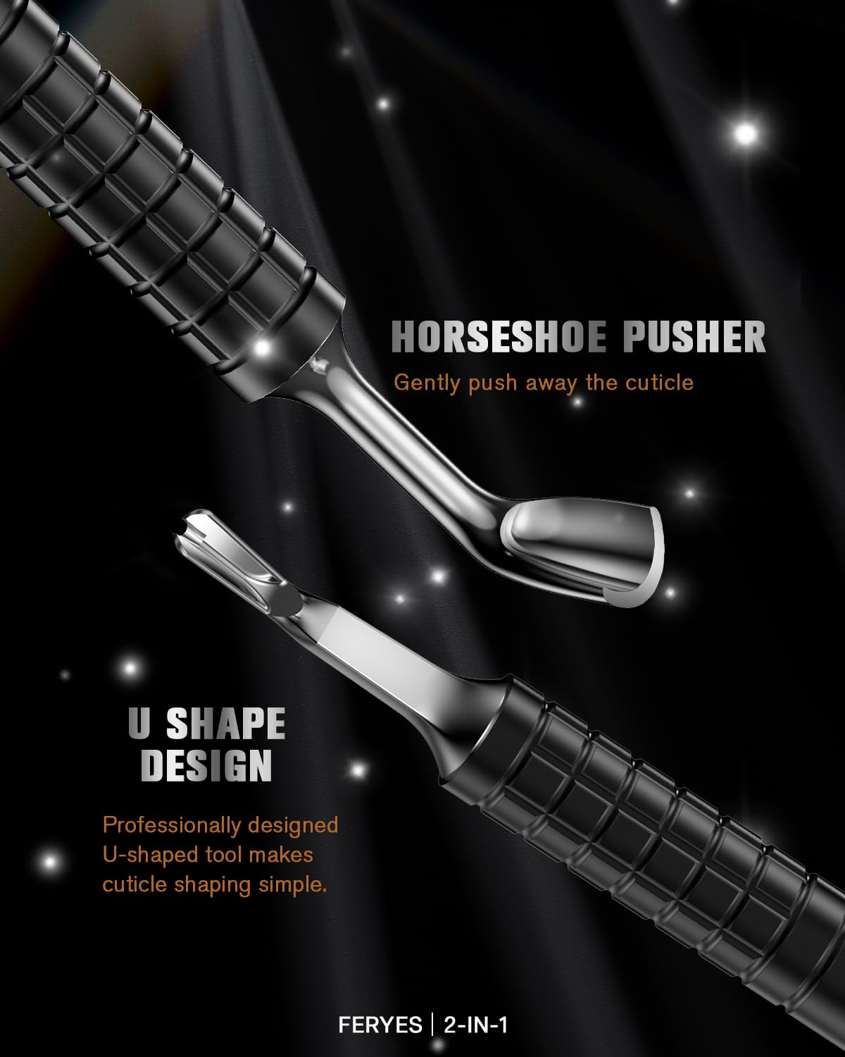 FERYES Upgraded Horseshoe Shape Cuticle Pusher with Fork, 2-in-1 Cuticle Remover Tool, Stainless Steel Cuticle Trimmer Nail Care Tool for Manicures- Black(5.6 Inches)