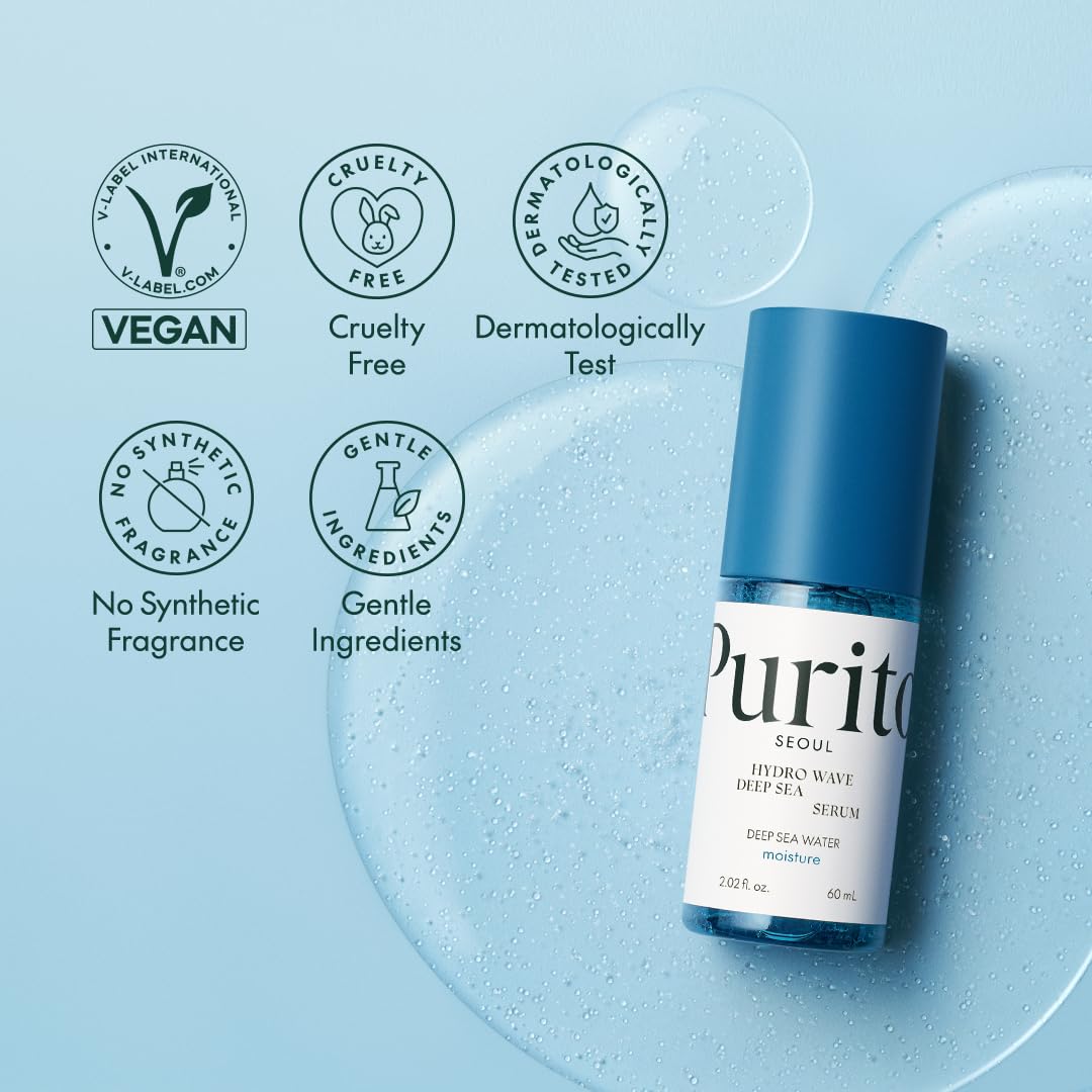 PURITO Hydro Wave Deep Sea Serum, 60 mL / 2.02 fl. oz., Hydrating Face Serum, Lightweight & Non-Greasy, Skin Moisture Boost, Korean Skincare, For Sensitive Skin, Hyaluronic Acid & Deep Sea Water