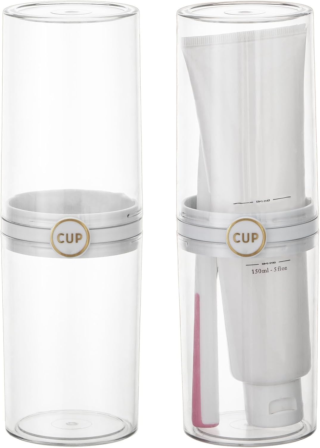 Yeeco Toothbrush Travel Case, 2 pcs Transparent Portable Toothbrush Cover with Mouthwash Cup, Plastic Cylindrical Tooth Brushing Holder for Home School Camping Travelling, 8.1 x 2.6 inches,Clear