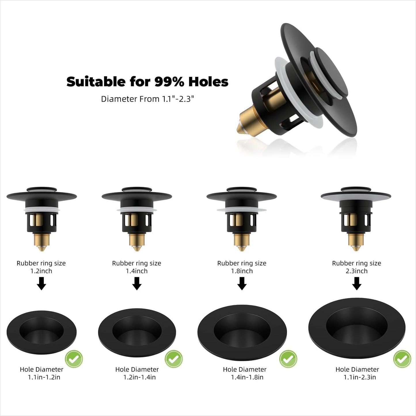 Hibbent 2 Pack All Metal Universal Bathroom Sink Stopper for 1.1''~2.3'' Basin, Pop Up Sink Drain Strainer, Brass Bullet Core Push Type Stopper, Stainless Steel Anti Clogging Drain Filter, Matte Black