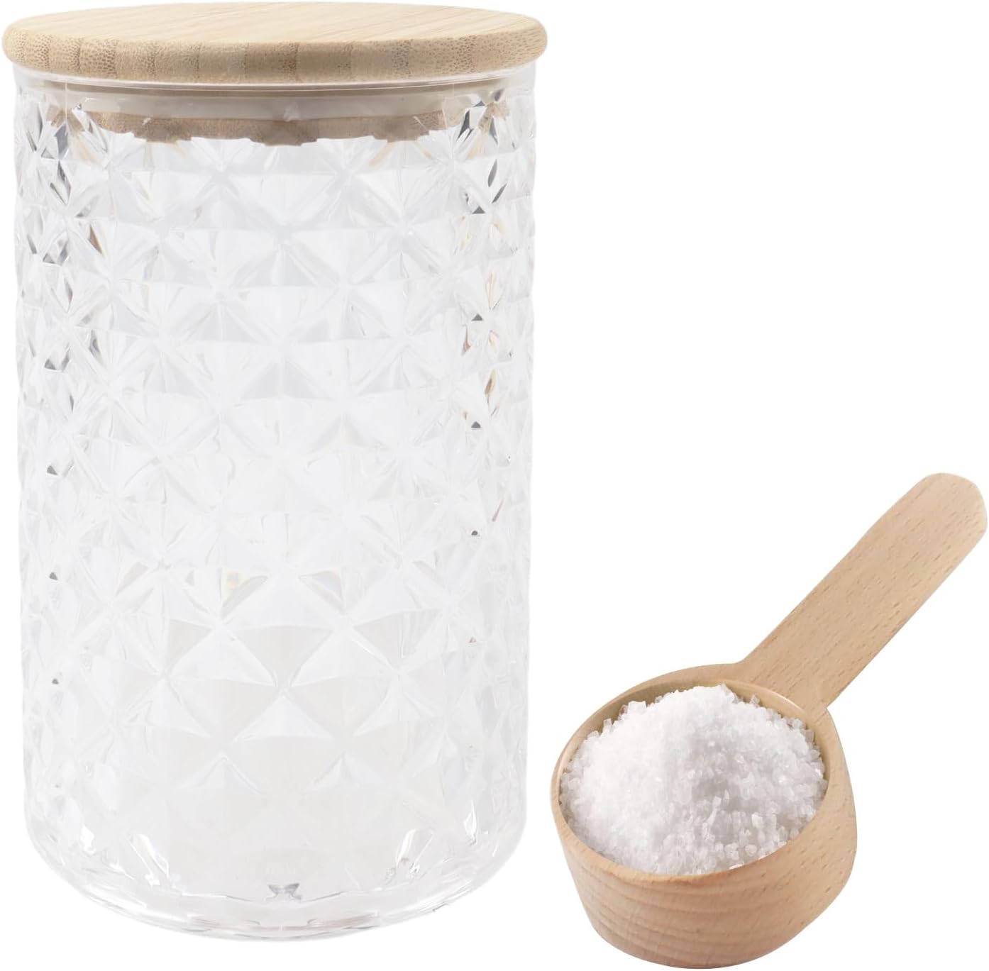 Klmnop 1200ML/42OZ Acrylic Bath Salt Jar with Wooden Scoop, Bath Salt Container with Sealing Lid for Bathroom Kitchen Storage Salt Candy Tea(Clear, Style 1)