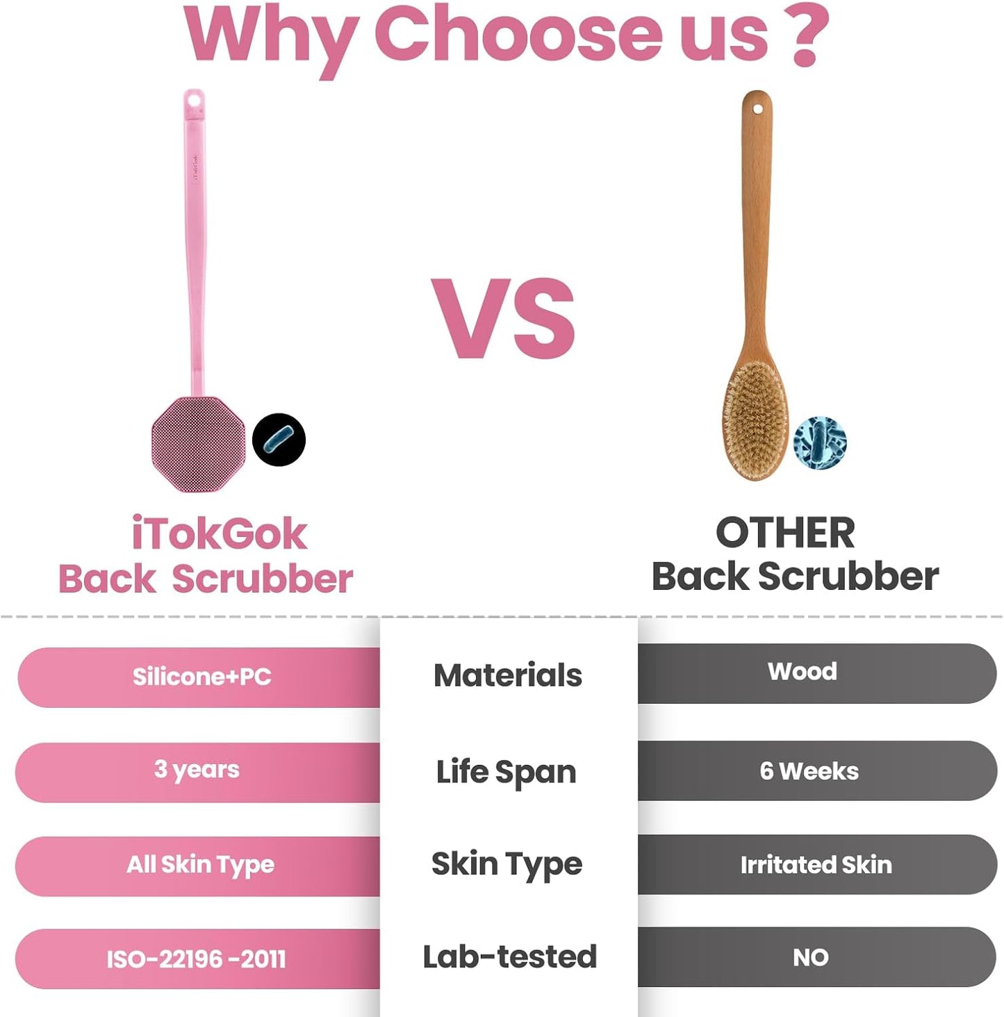 iTokGoK® Silver-Infused Silicone Back Scrubber with Long Handle Back Brush for Shower,Back Brush Long Handle for Men and Women,Ergonomic No-Slip Handle, Long-Lasting (Pink)